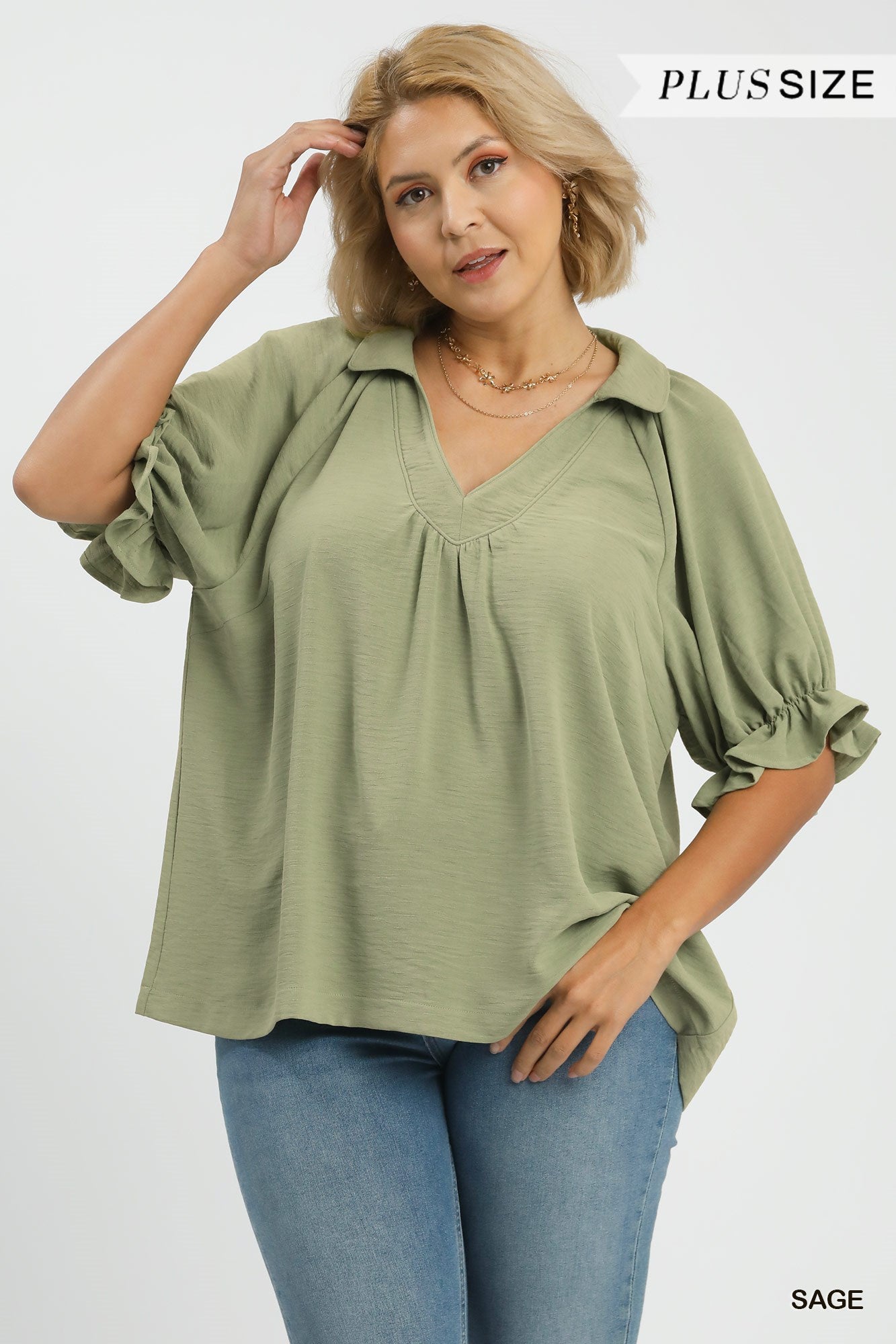 SOLID COLLAR V-NECK SAGE TOP