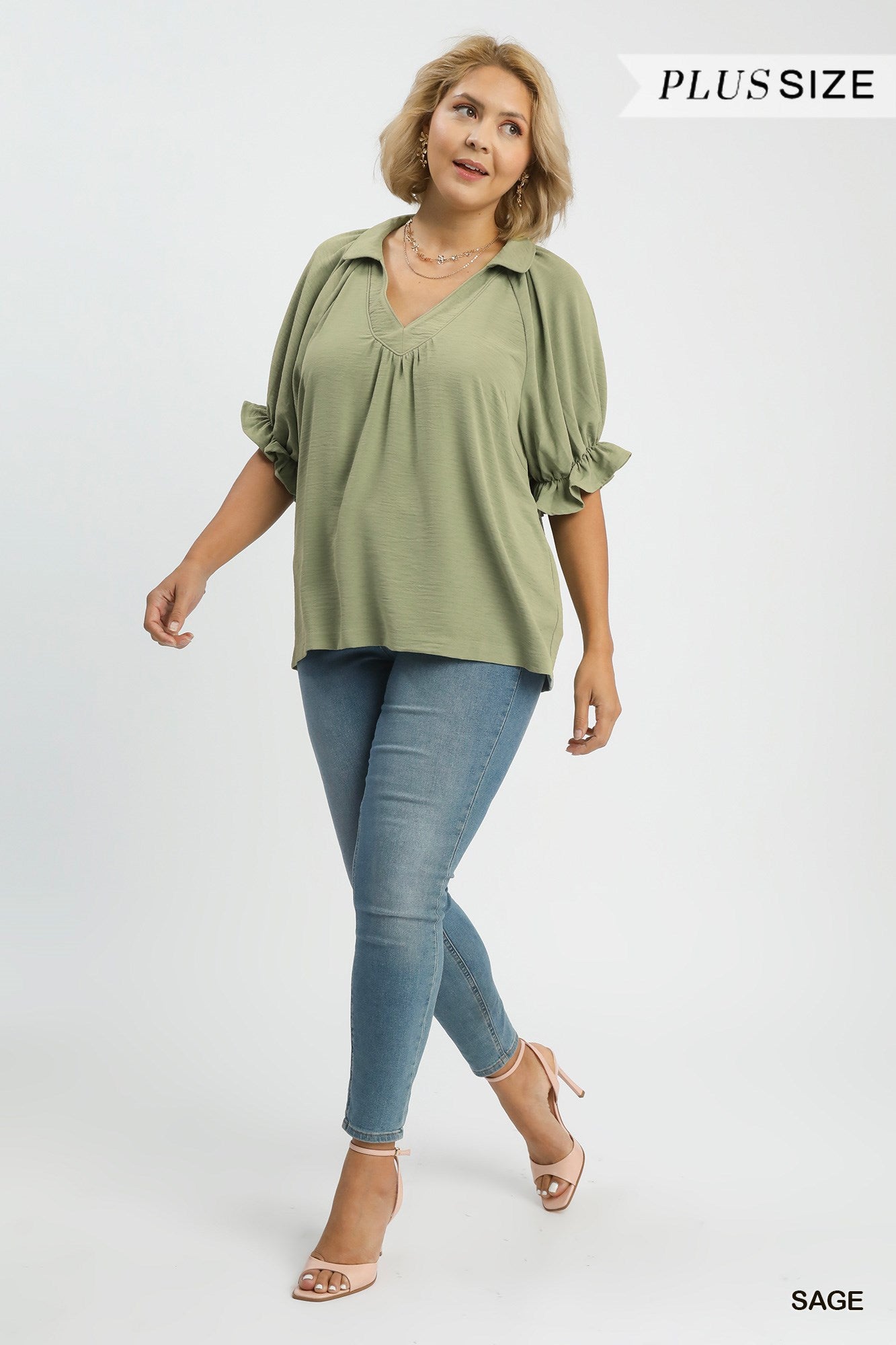 SOLID COLLAR V-NECK SAGE TOP
