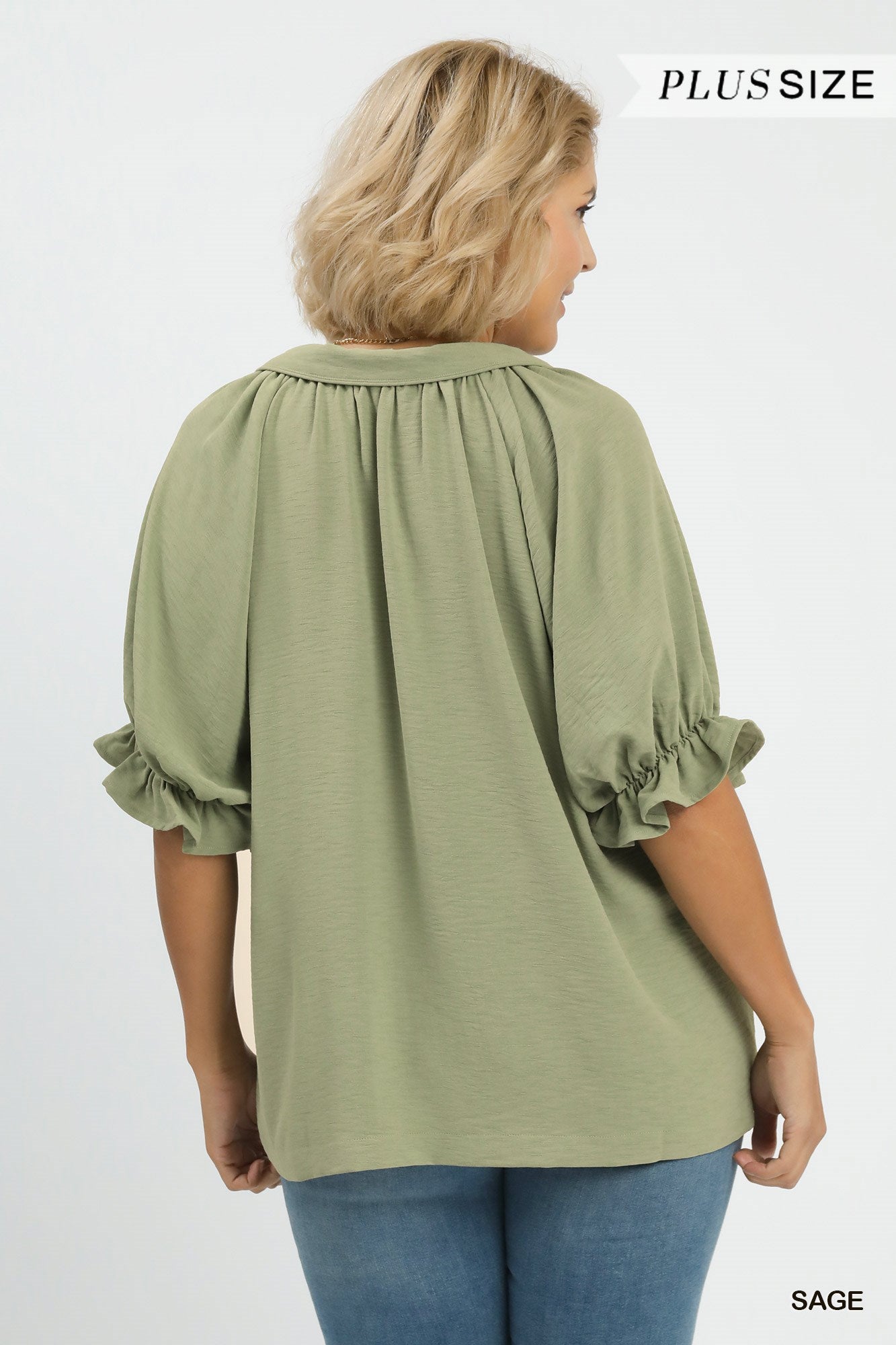 SOLID COLLAR V-NECK SAGE TOP