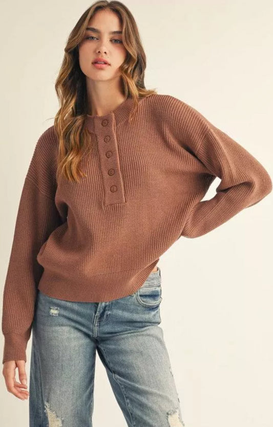 MOCHA COMFY BUTTON SWEATER