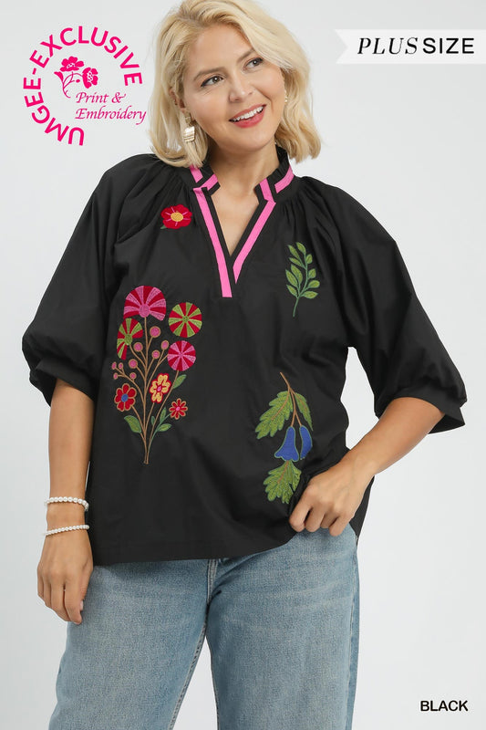 EMB FLORAL VNECK BLACK TOP