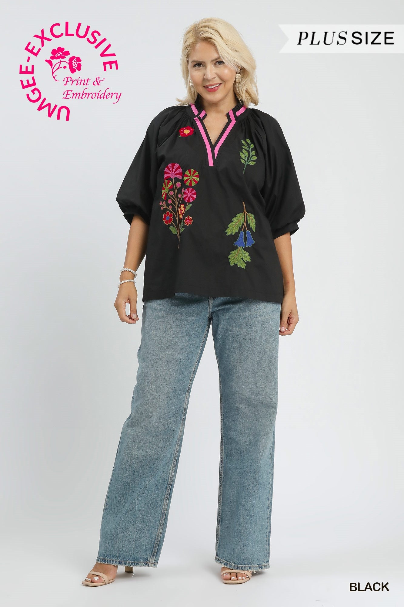 EMB FLORAL VNECK BLACK TOP