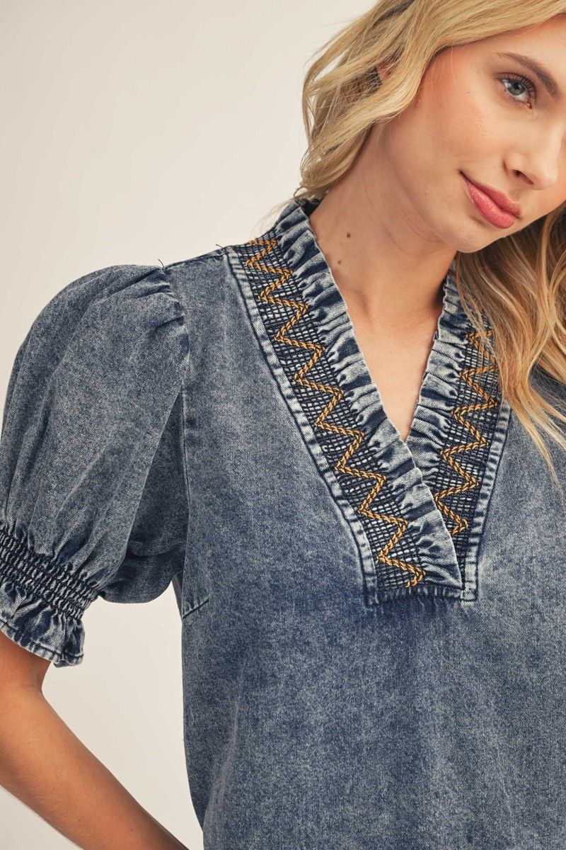 SMOCK EMB DENIM DRESS