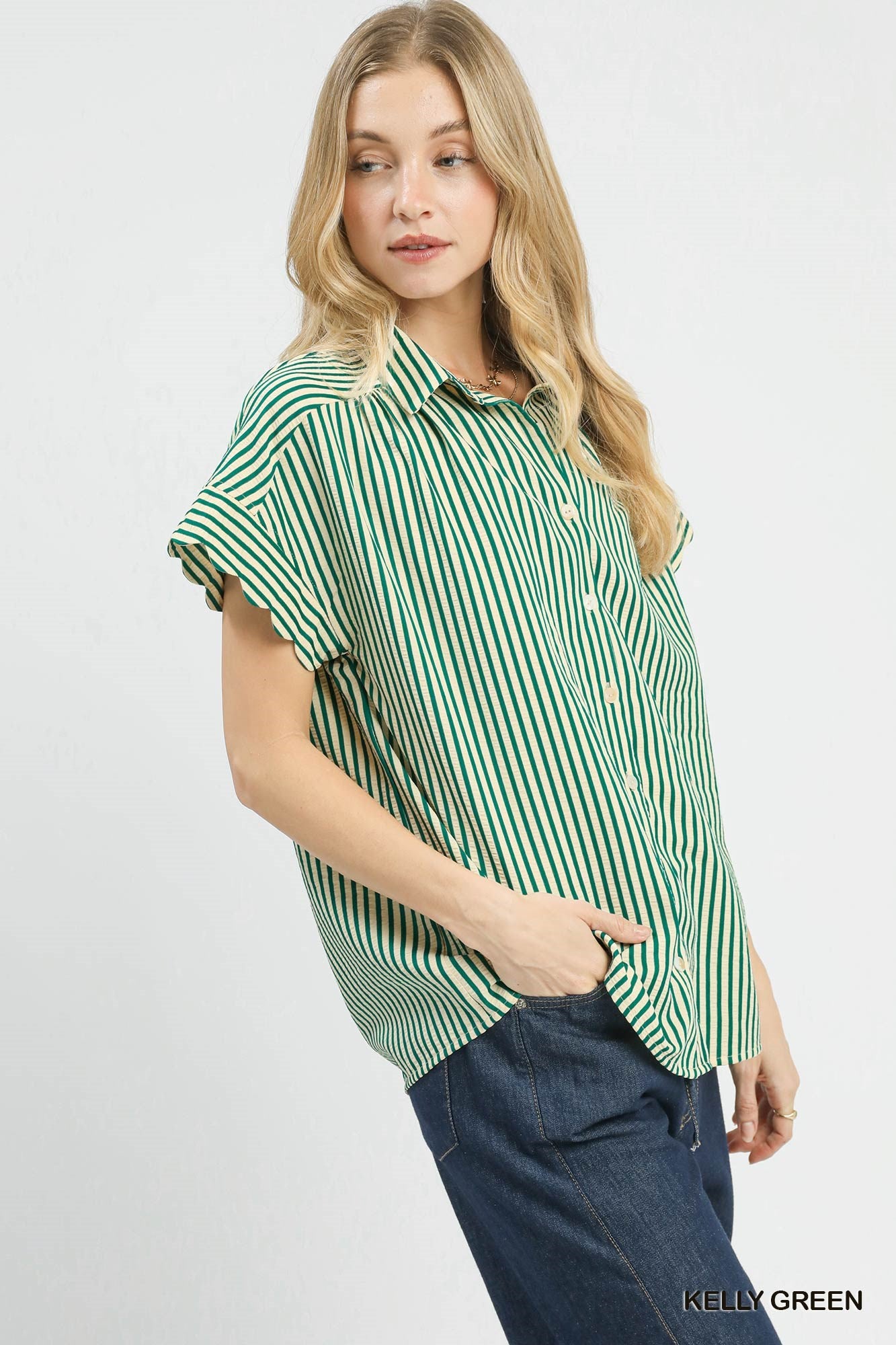 STRIPED KELLY GREEN BUTTON-DOWN TOP