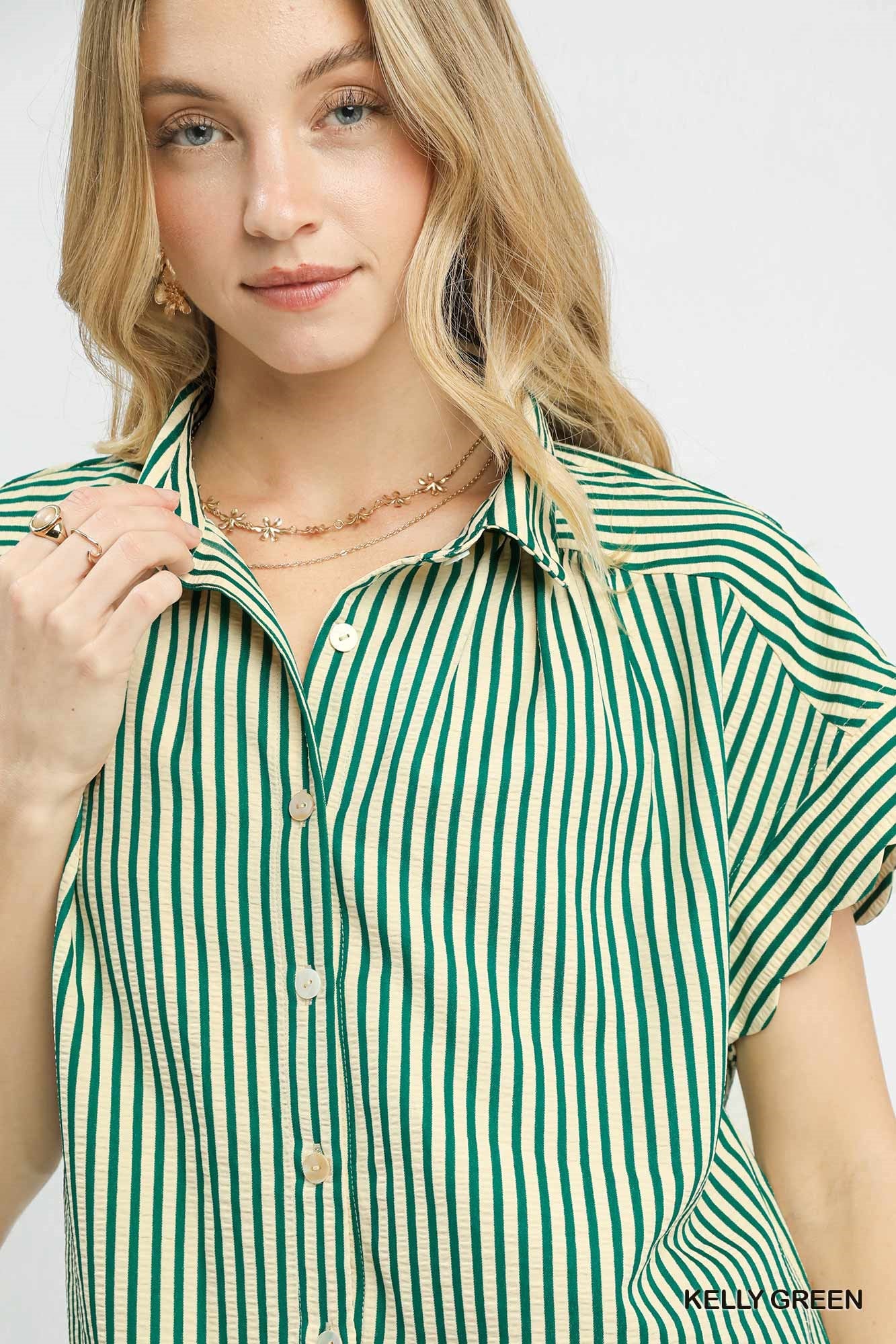 STRIPED KELLY GREEN BUTTON-DOWN TOP