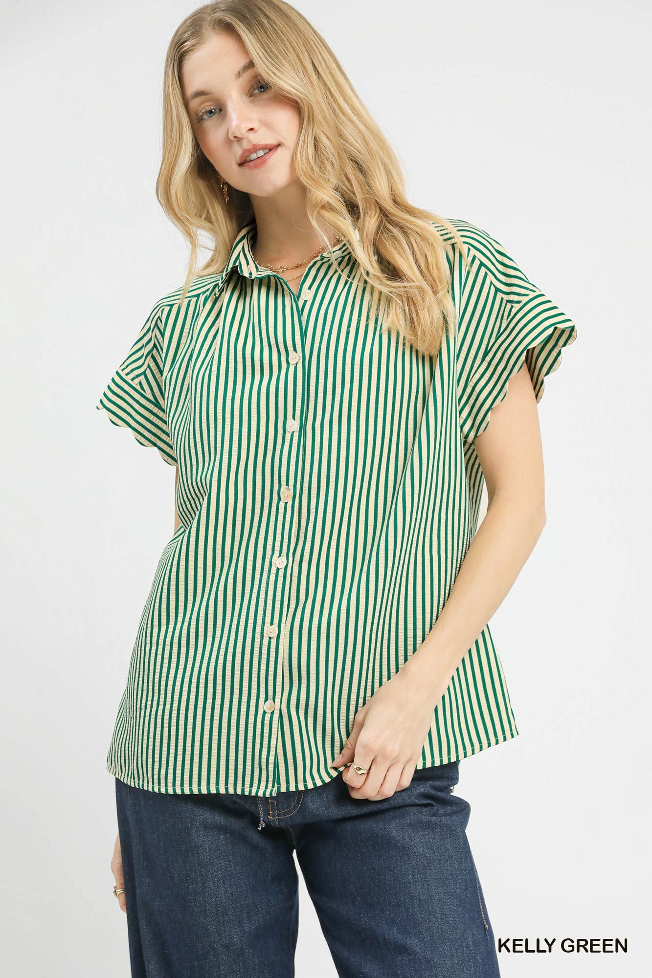 STRIPED KELLY GREEN BUTTON-DOWN TOP