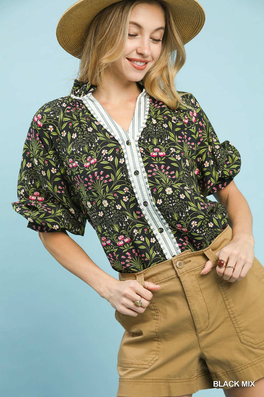 BLACK MIX FLORAL BUTTON TOP