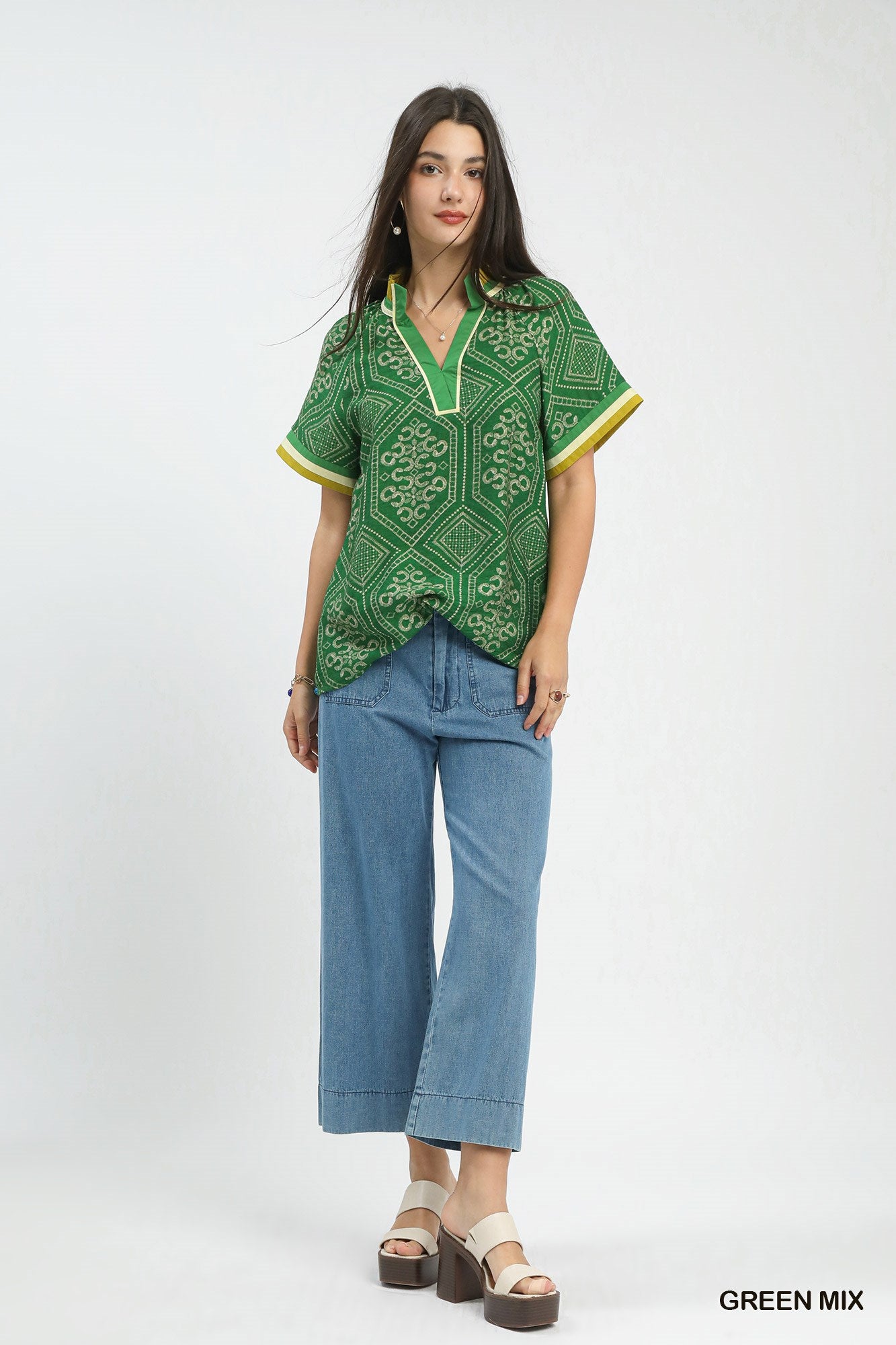 GEOMETRIC PRINT GREEN MIX TOP
