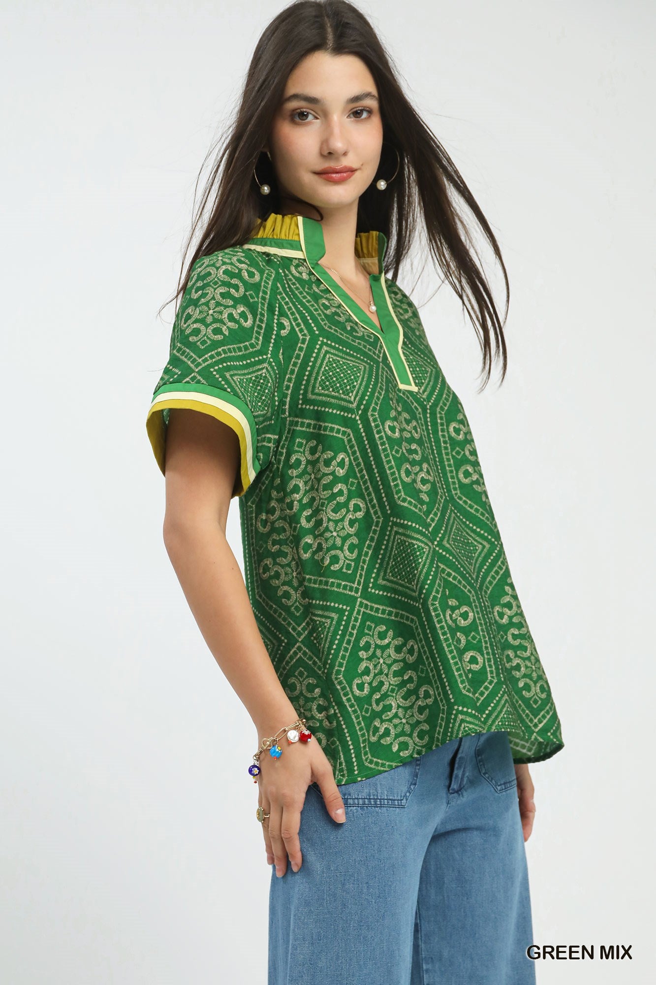 GEOMETRIC PRINT GREEN MIX TOP