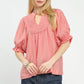 SMOCKED YOKE CORAL PINK TOP
