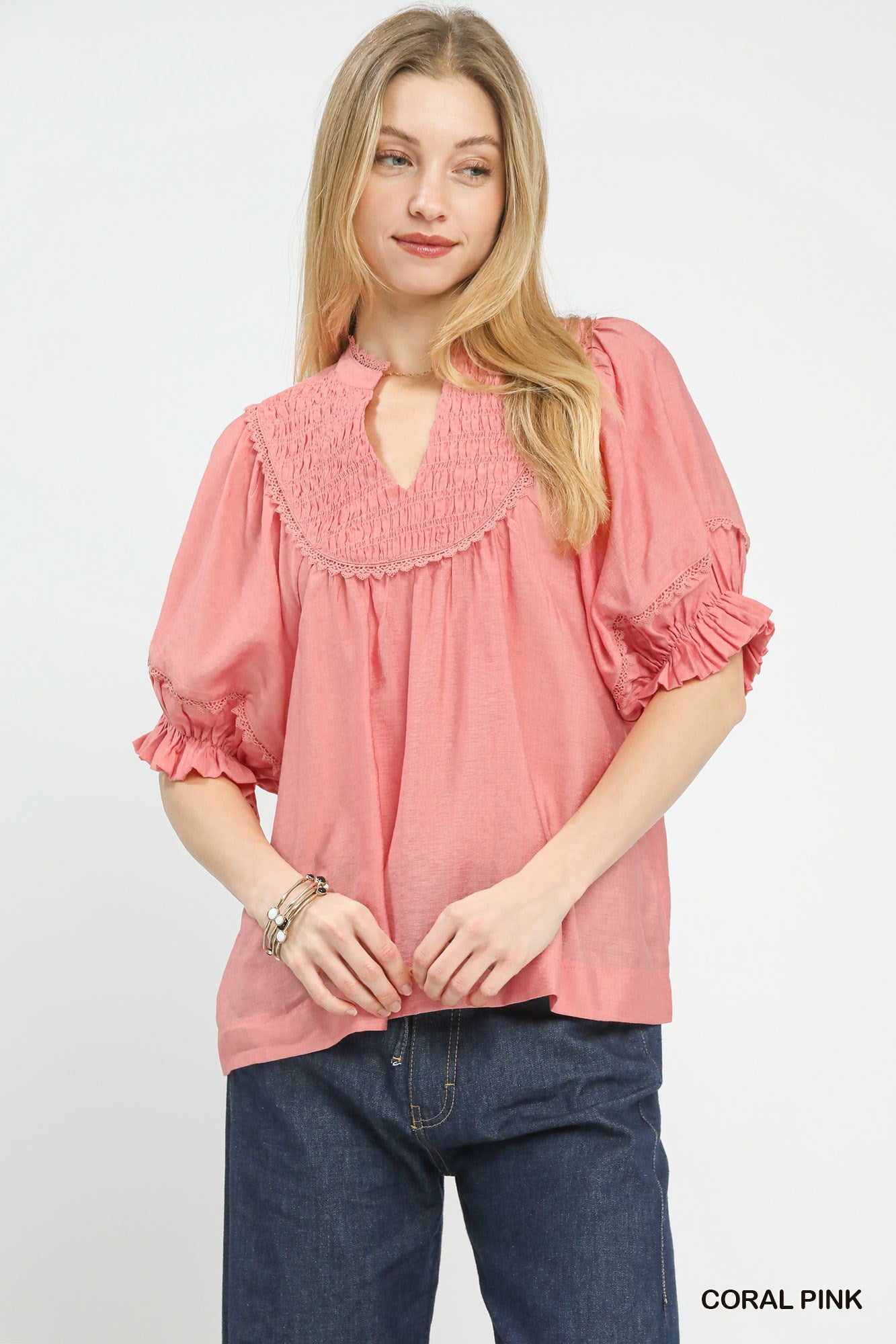 SMOCKED YOKE CORAL PINK TOP