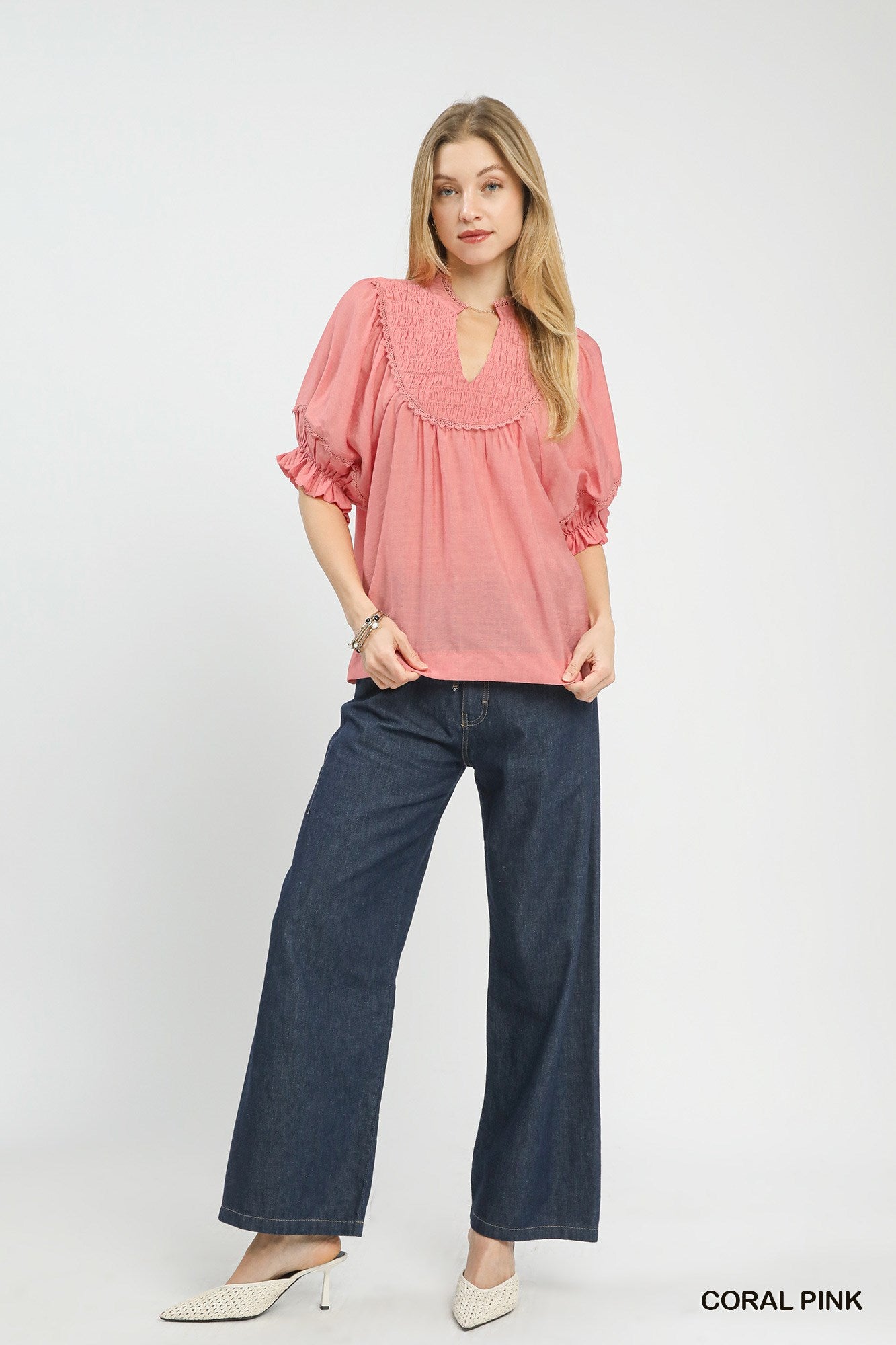 SMOCKED YOKE CORAL PINK TOP
