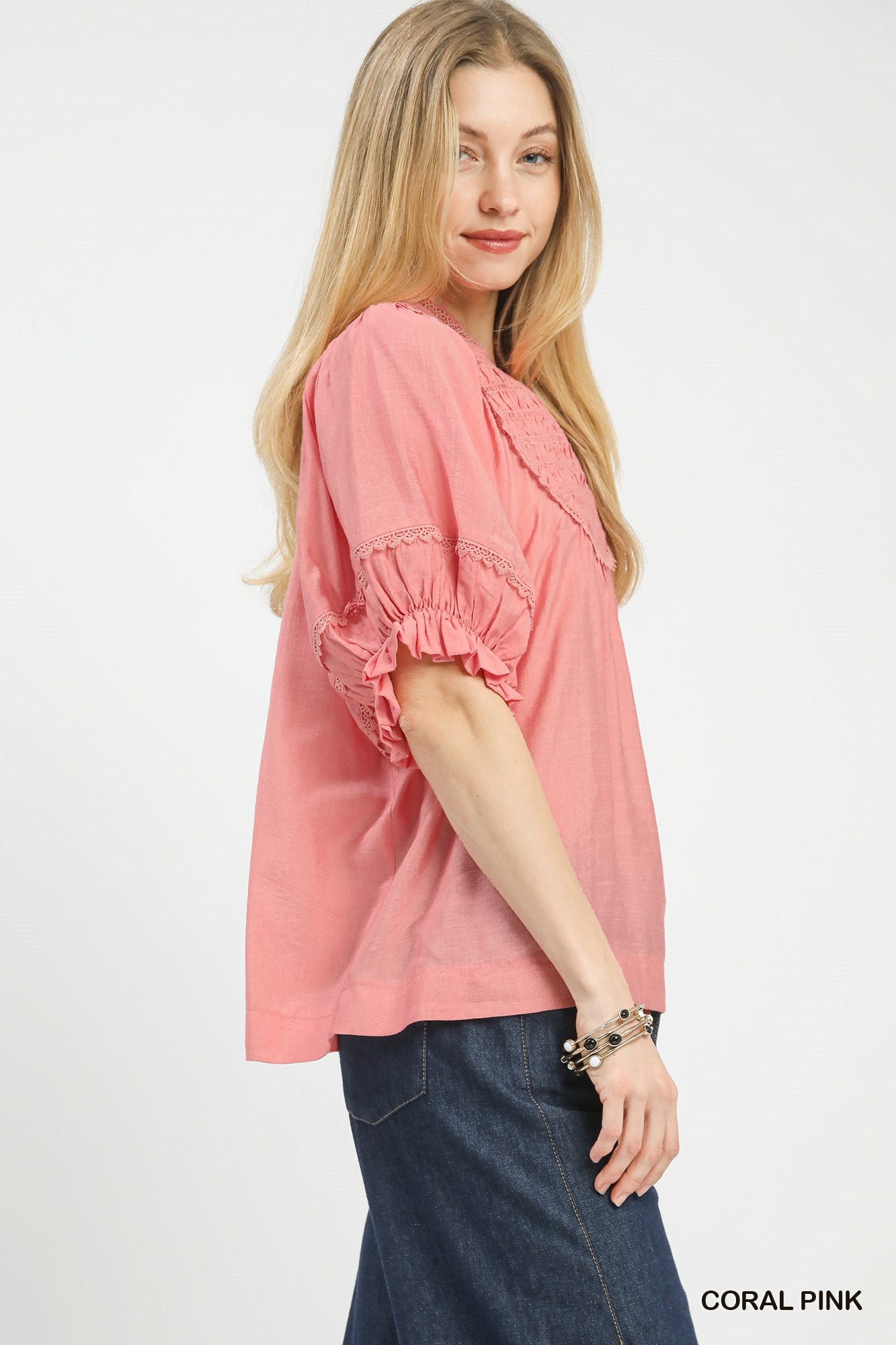 SMOCKED YOKE CORAL PINK TOP