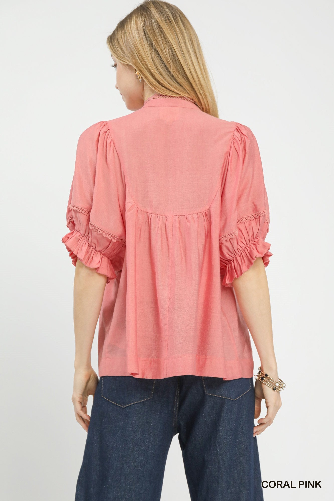 SMOCKED YOKE CORAL PINK TOP