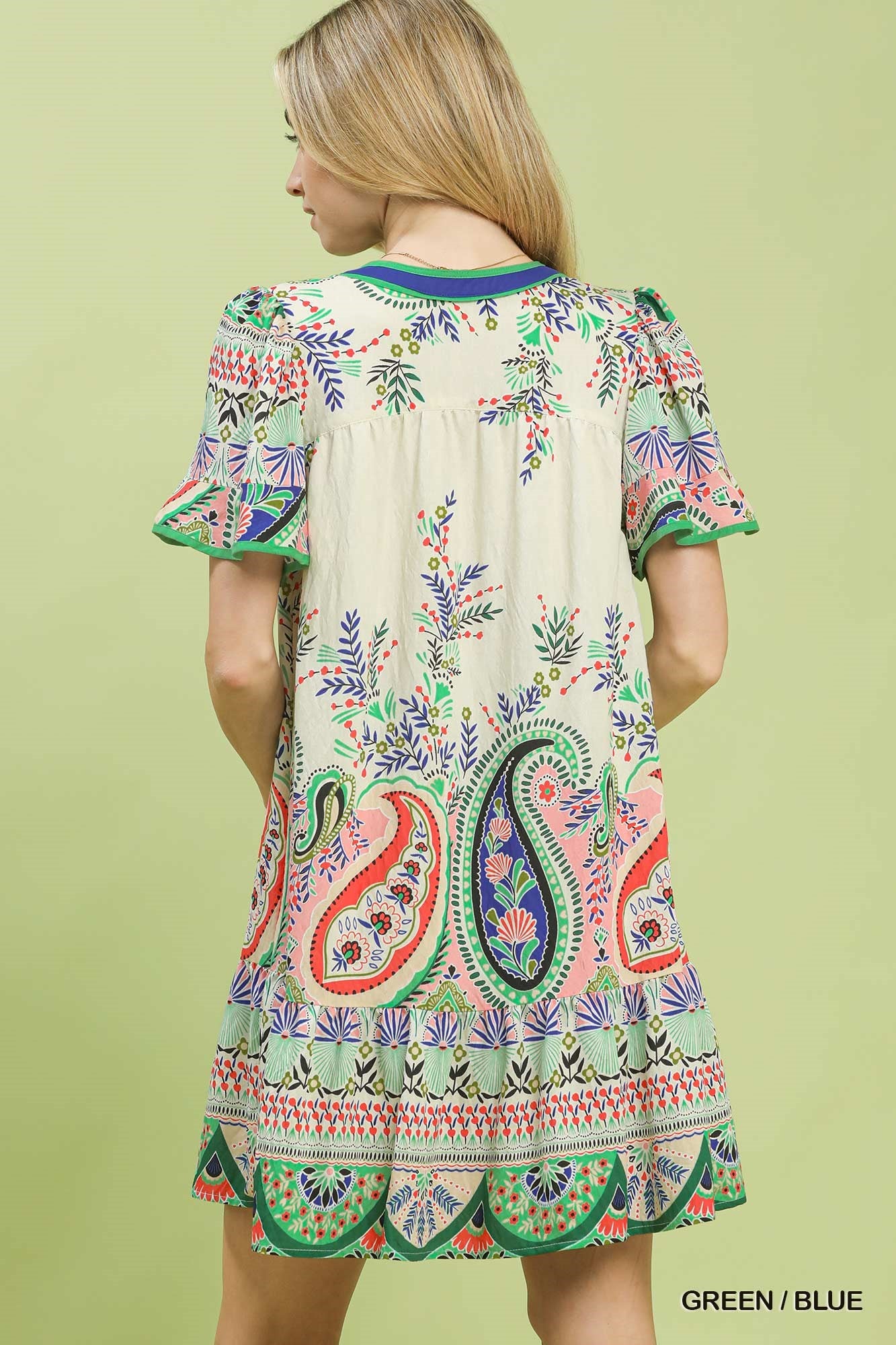 PAISLEY FLUTTER GREEN/BLUE DRESS