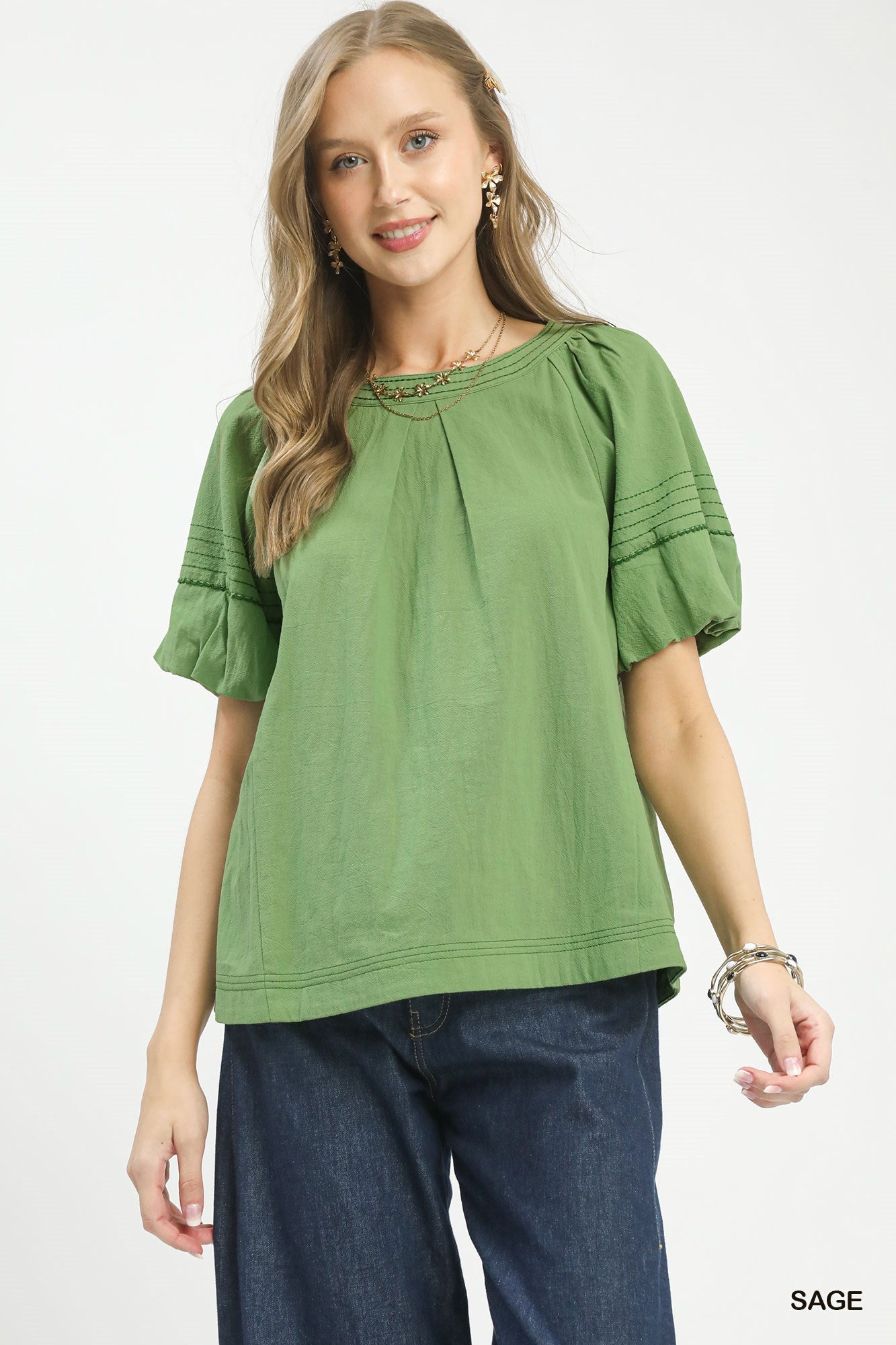 STITCHED ROUND NECK SAGE TOP