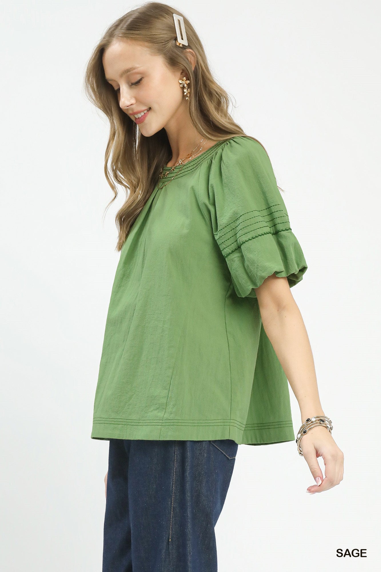 STITCHED ROUND NECK SAGE TOP