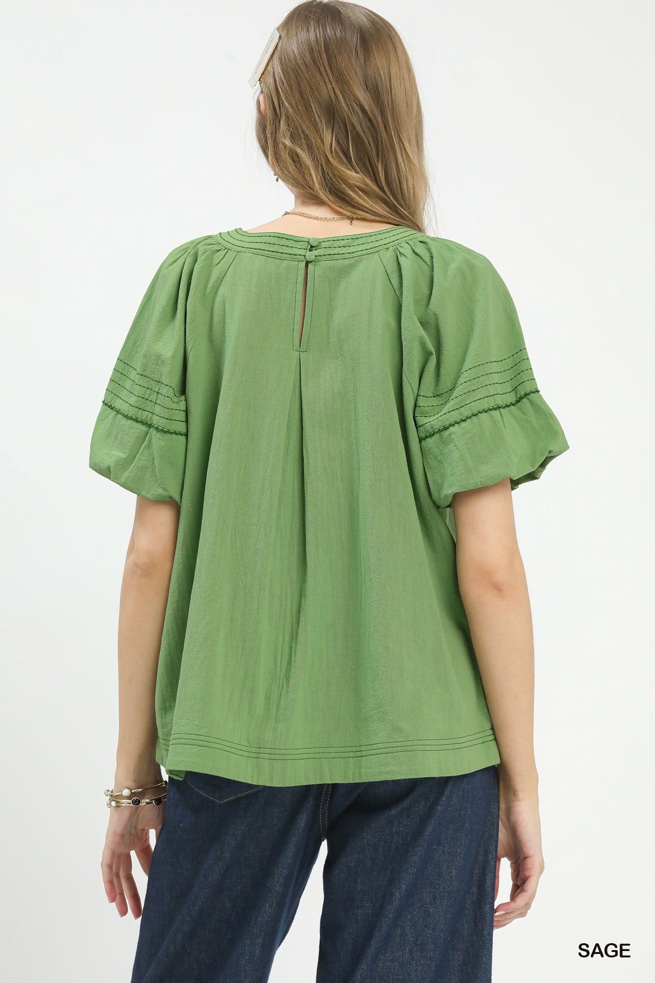 STITCHED ROUND NECK SAGE TOP