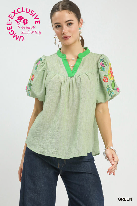 EMB PUFF SLEEVE GREEN TOP