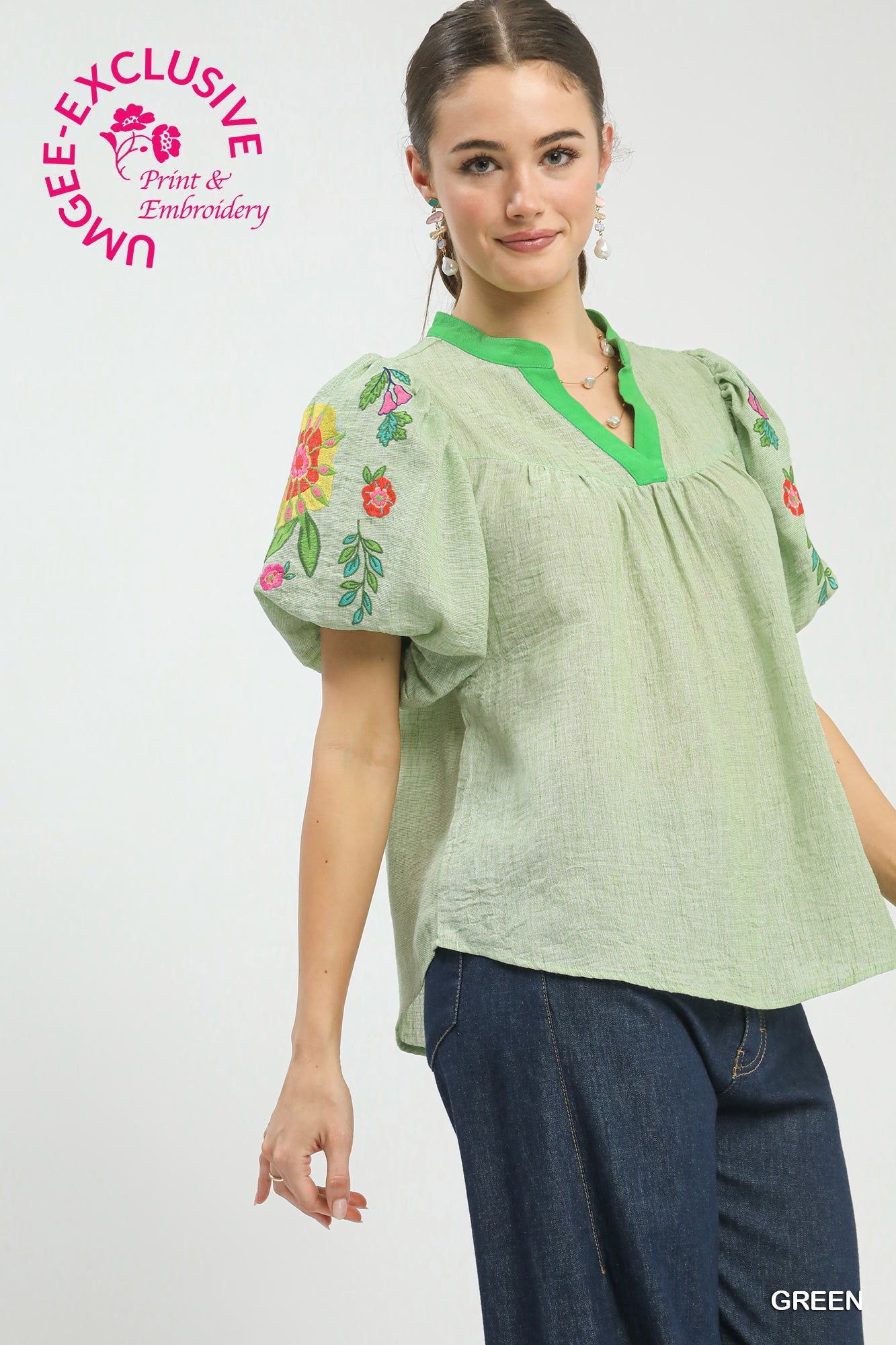 EMB PUFF SLEEVE GREEN TOP