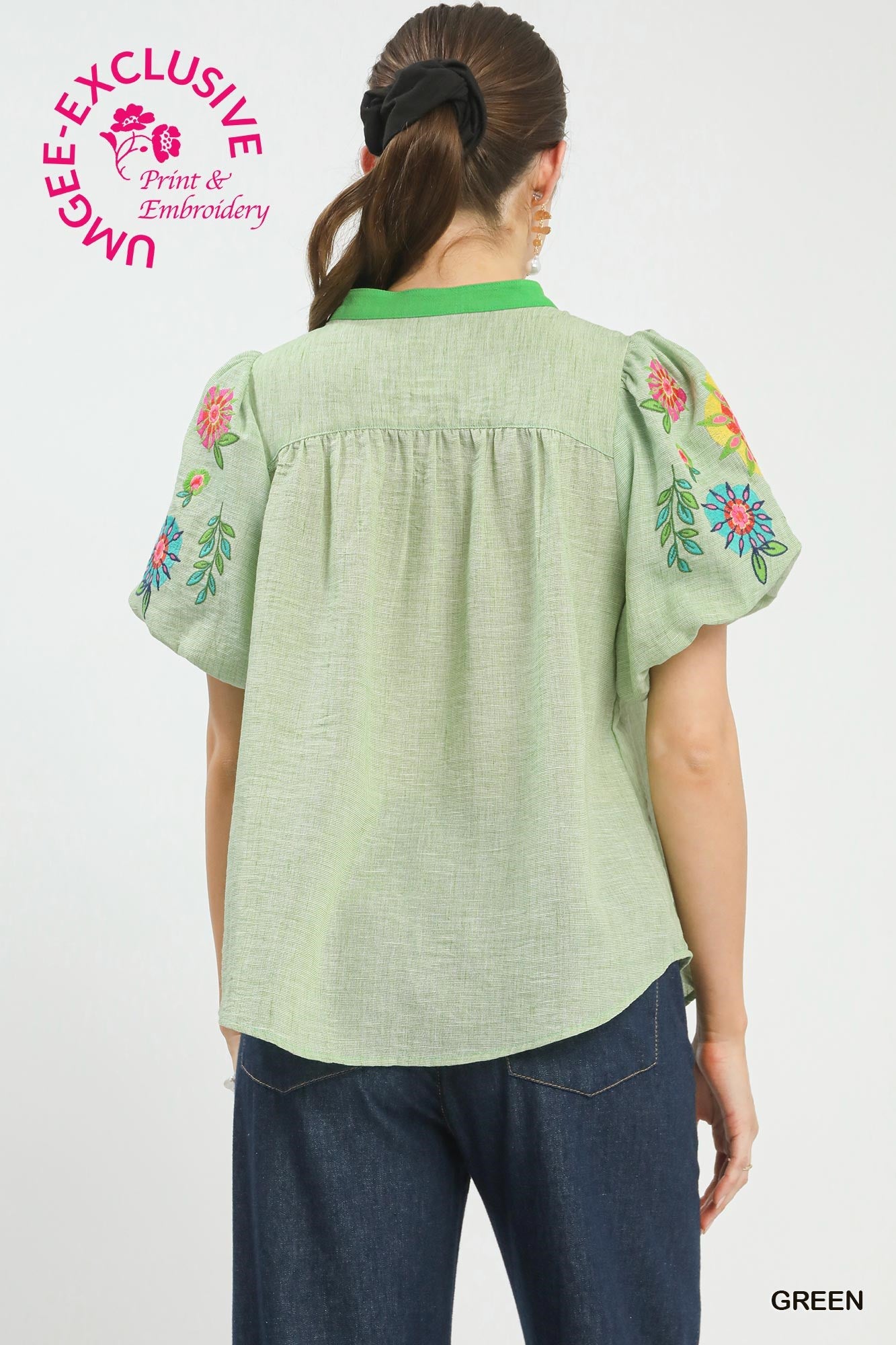 EMB PUFF SLEEVE GREEN TOP