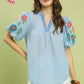 EMB PUFF SLEEVE BLUE  TOP