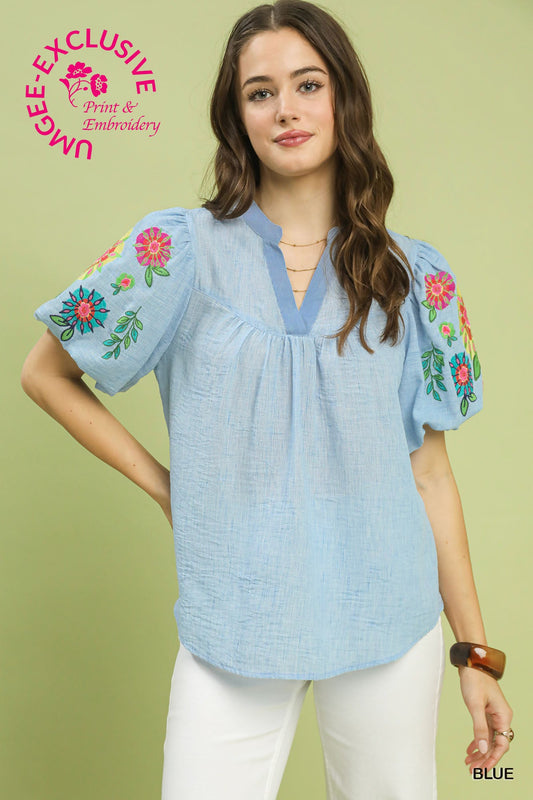 EMB PUFF SLEEVE BLUE  TOP