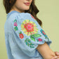 EMB PUFF SLEEVE BLUE  TOP