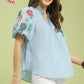 EMB PUFF SLEEVE BLUE  TOP