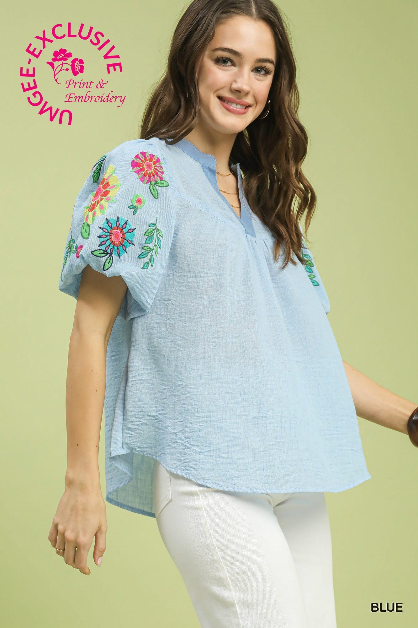 EMB PUFF SLEEVE BLUE  TOP