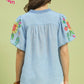 EMB PUFF SLEEVE BLUE  TOP