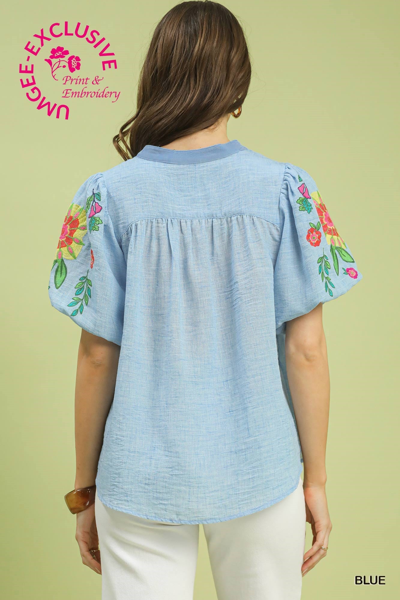 EMB PUFF SLEEVE BLUE  TOP