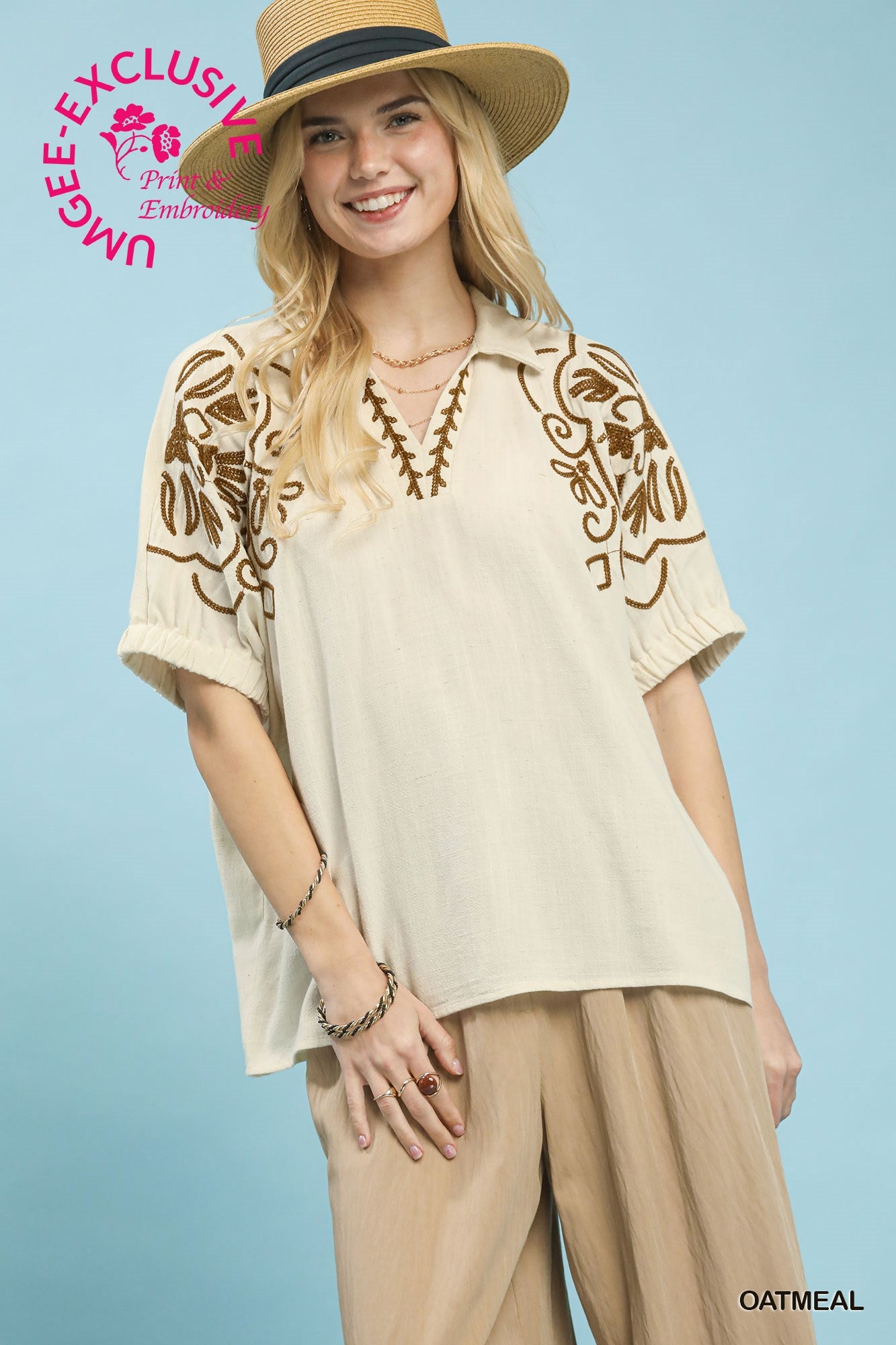 EMBROIDERED SS CREAM TOP