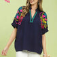 FLORAL SLEEVE NAVY TOP