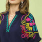 FLORAL SLEEVE NAVY TOP