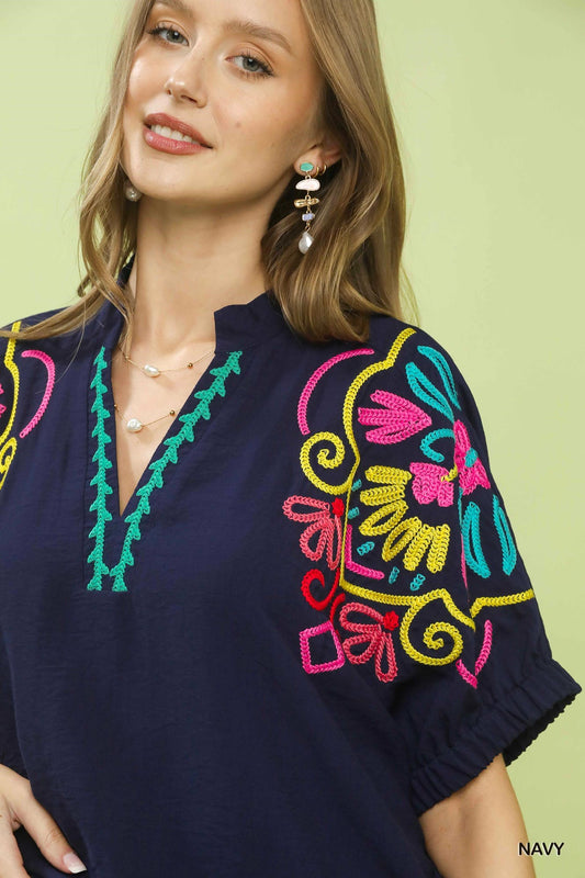 FLORAL SLEEVE NAVY TOP