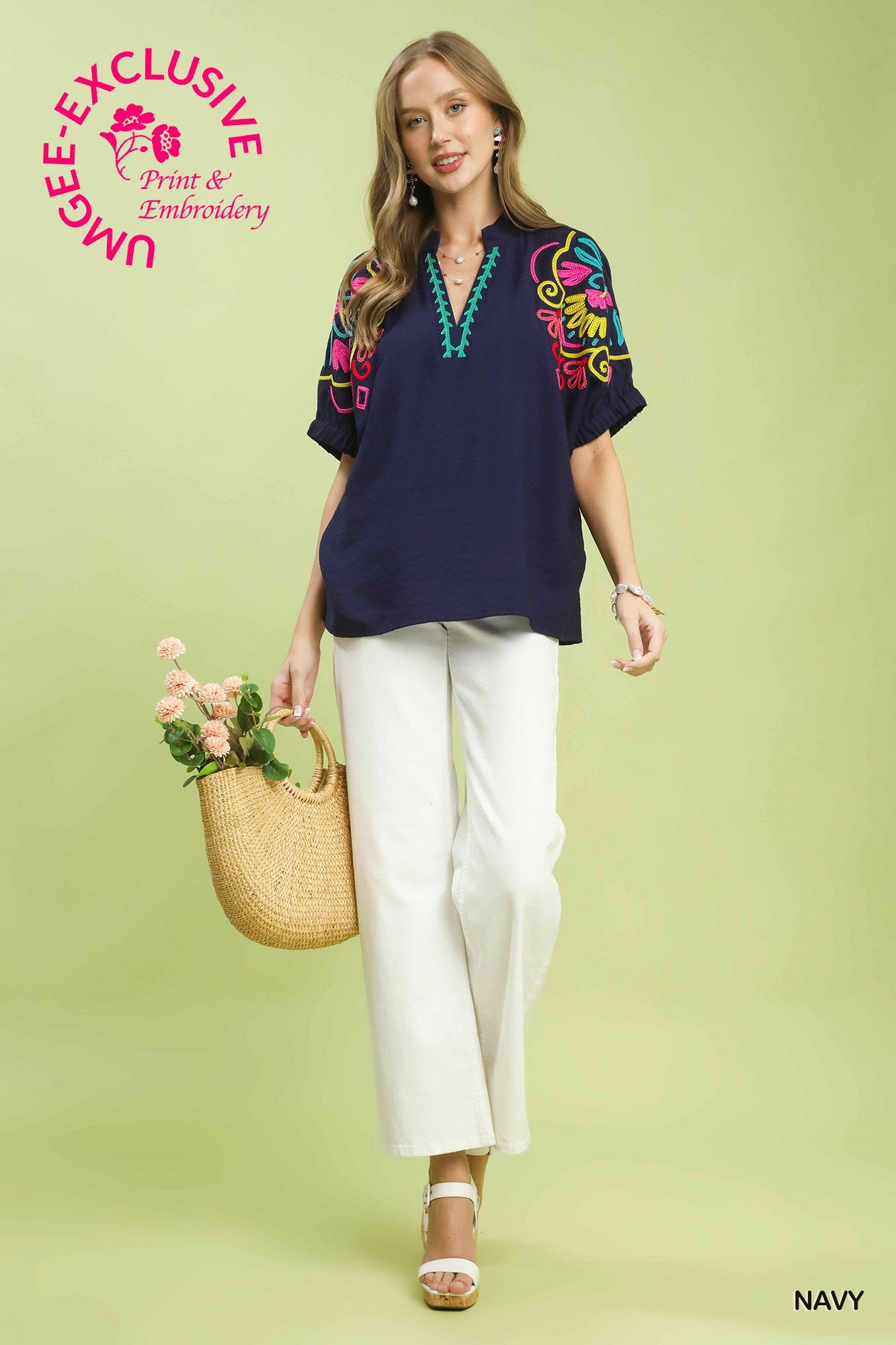 FLORAL SLEEVE NAVY TOP