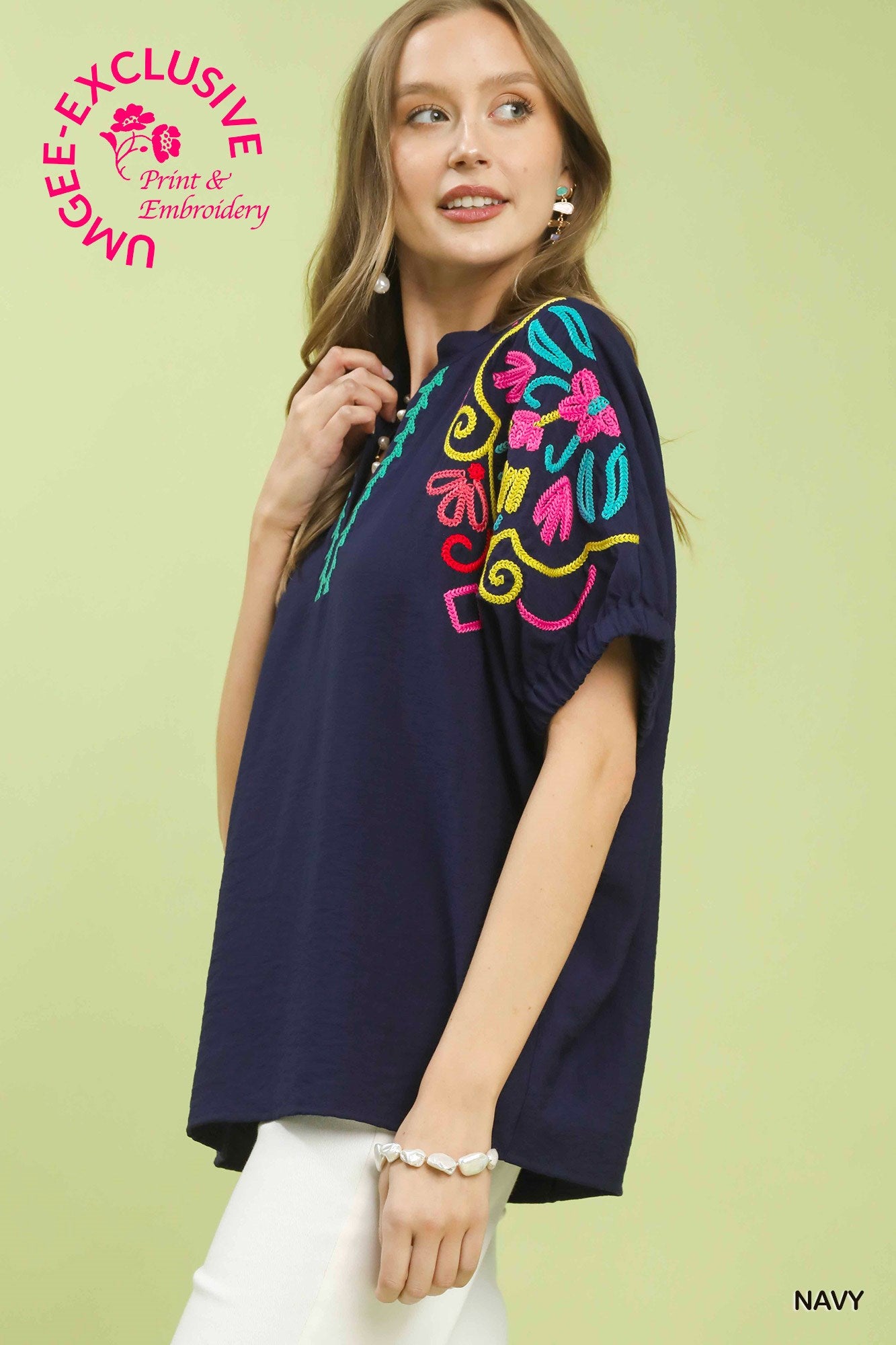 FLORAL SLEEVE NAVY TOP