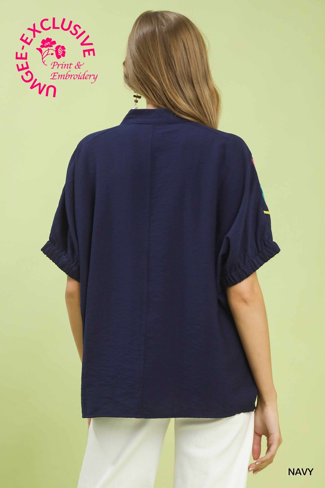 FLORAL SLEEVE NAVY TOP