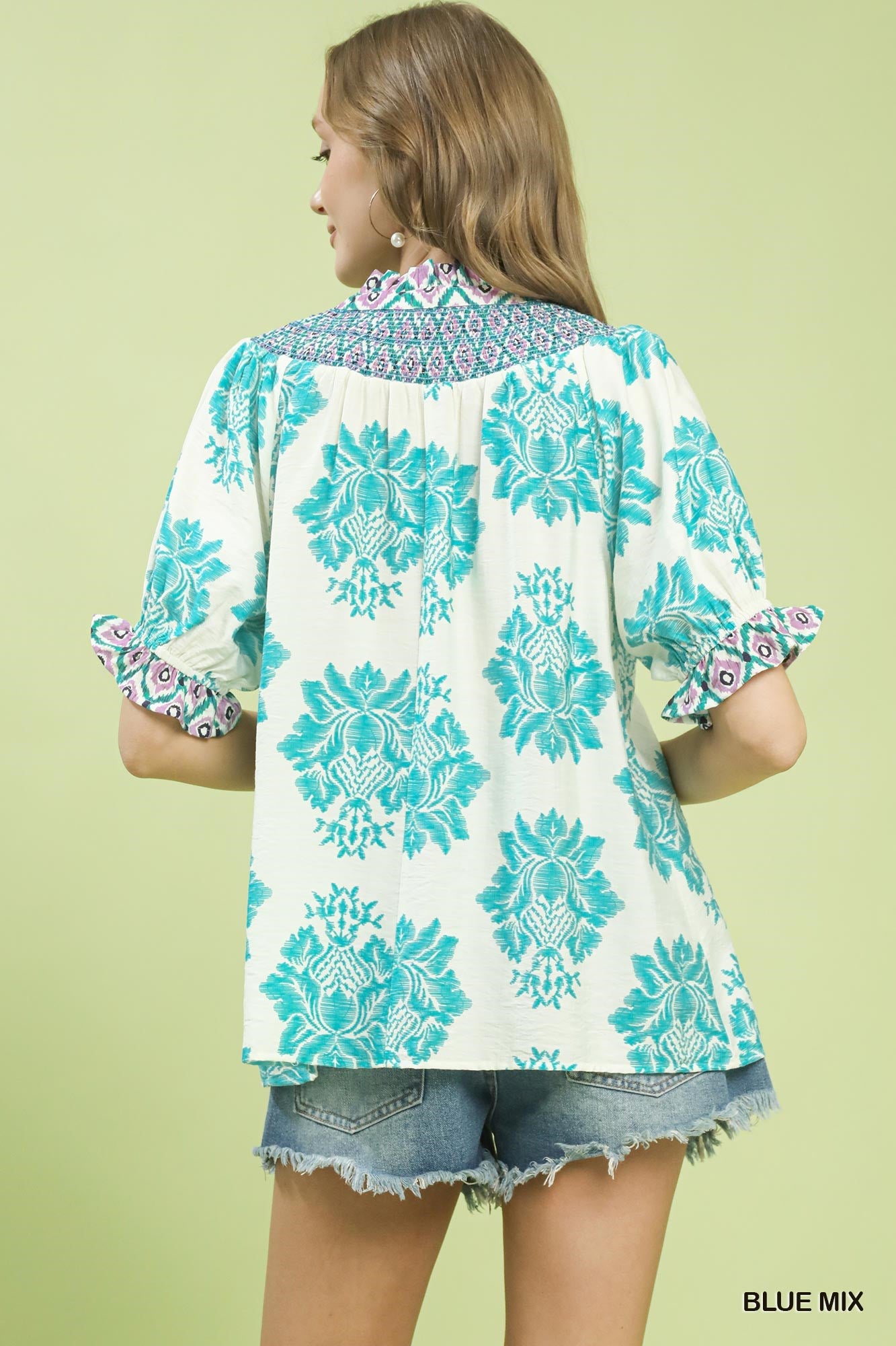 MIX BOHO SMOCK BLUE MIX TOP