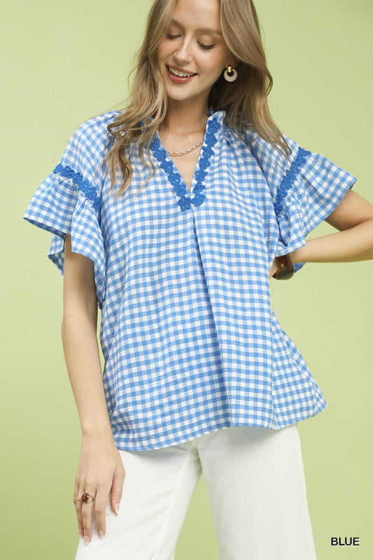 GINGHAM LACE BLUE TOP