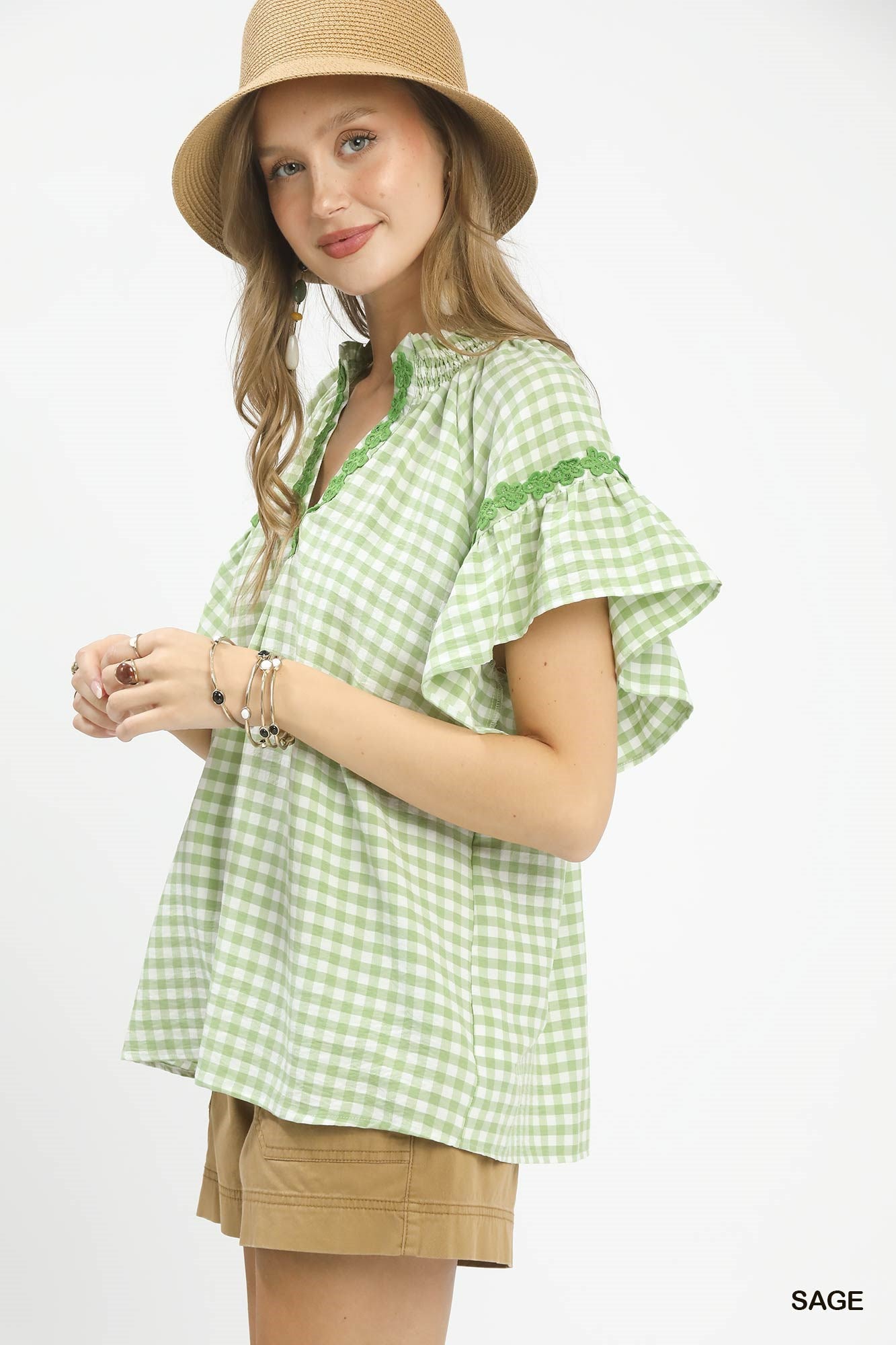 GINGHAM LACE SAGE TOP