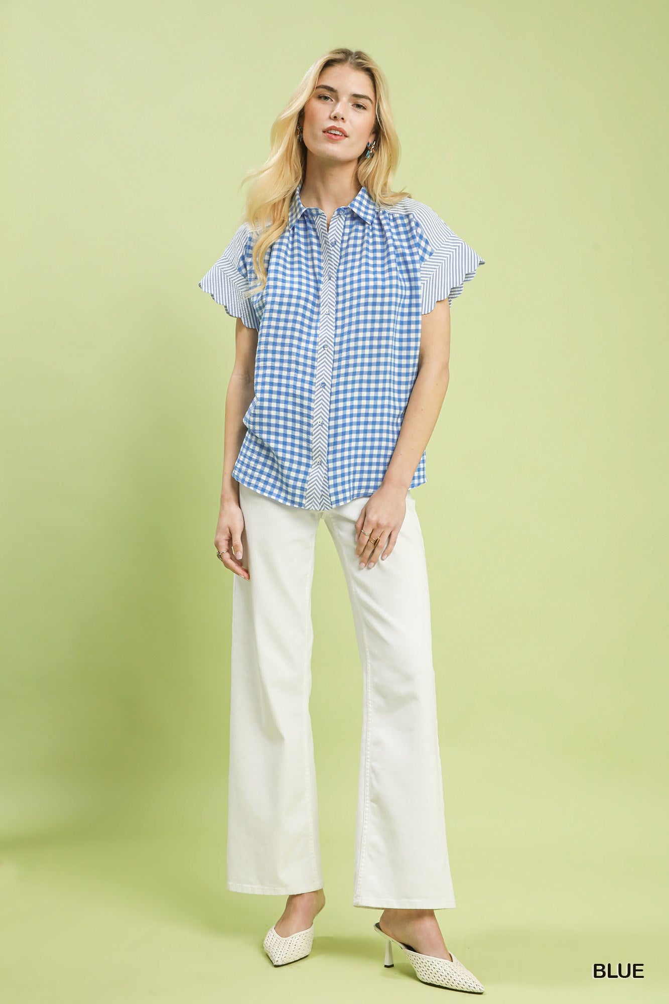 MIXED GINGHAM BLUE TOP