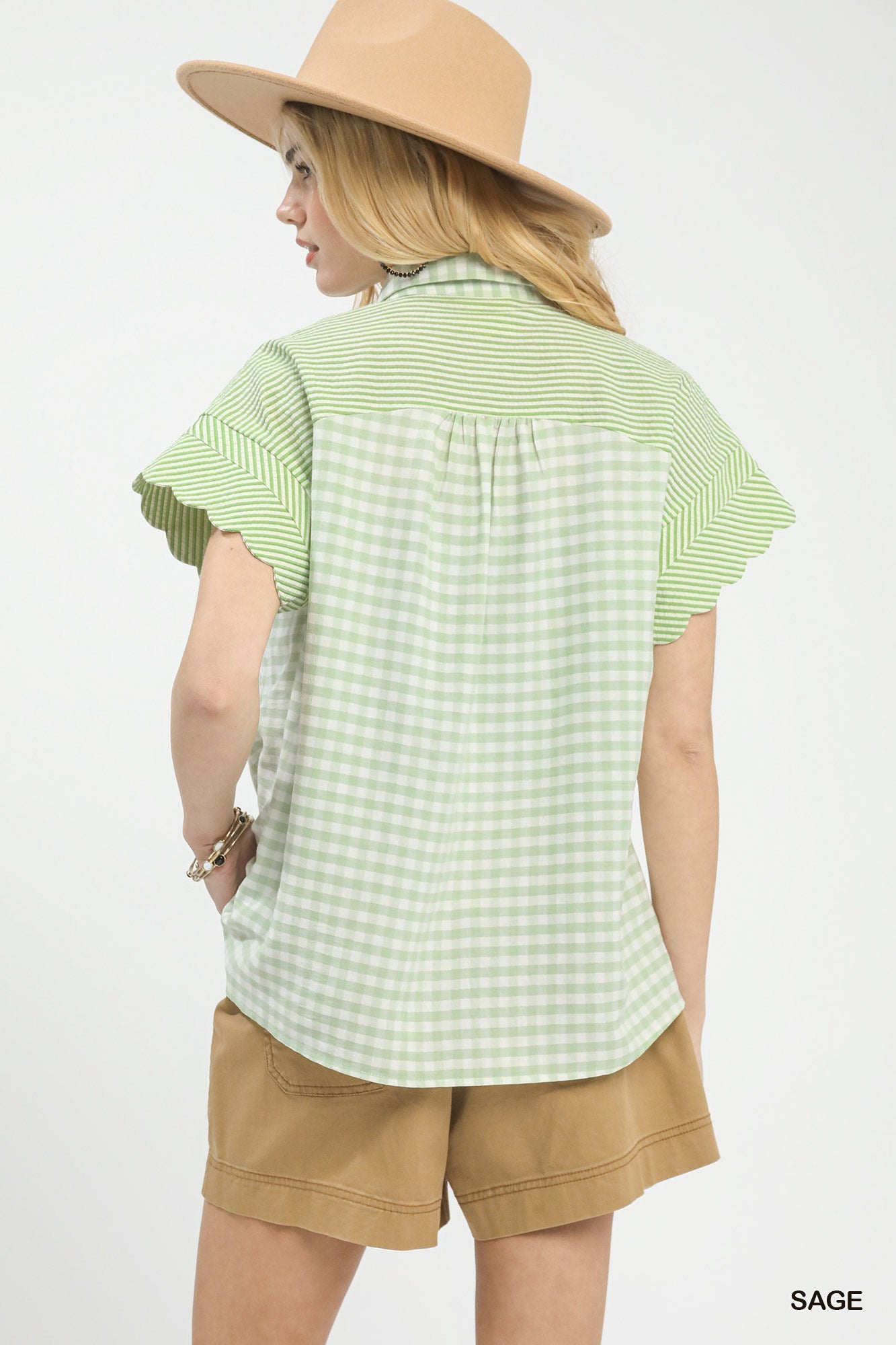 MIXED GINGHAM SAGE TOP