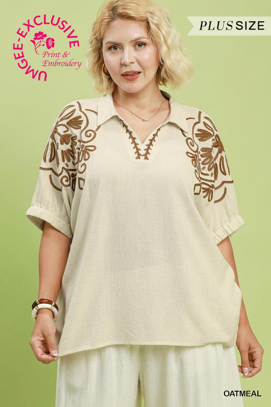EMBROIDERED SS CREAM TOP