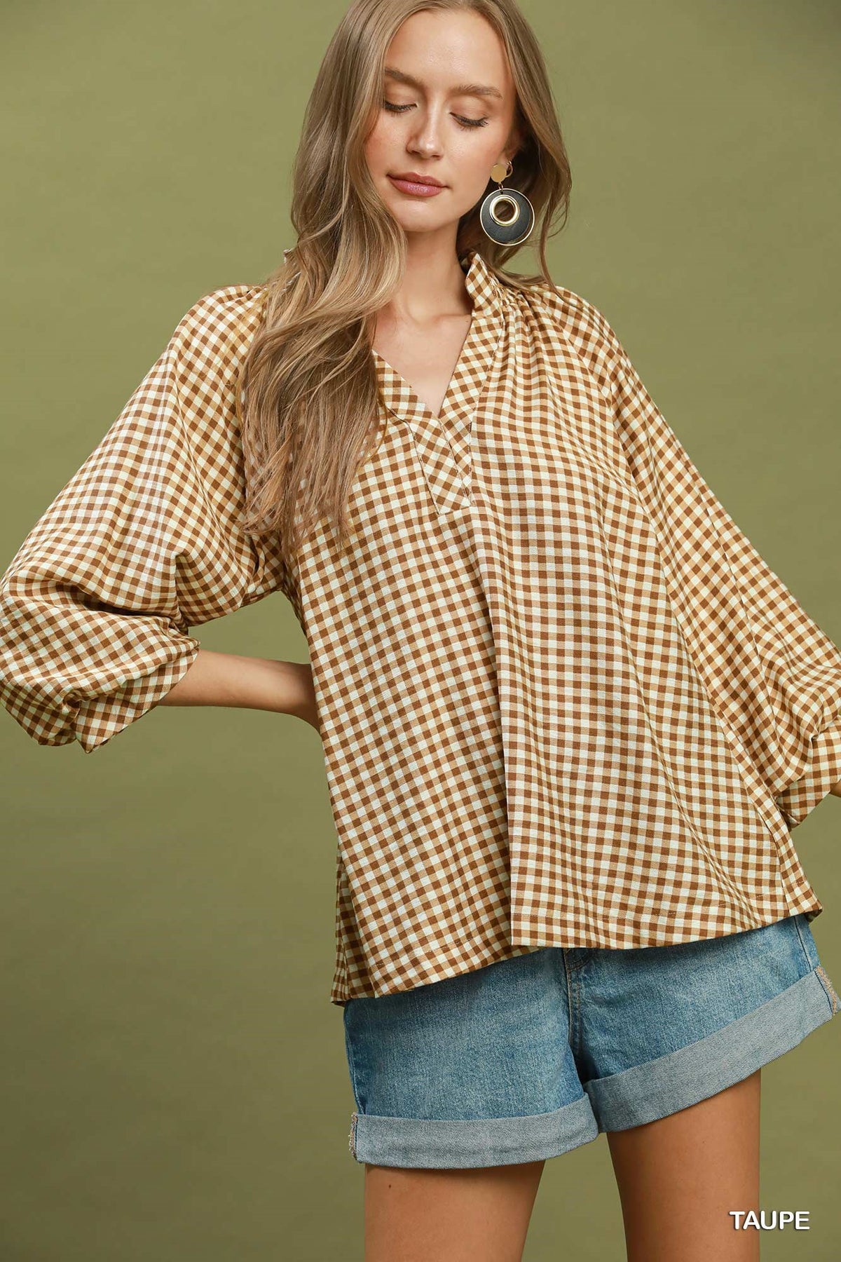 CLASS GINGHAM TAUPE TOP