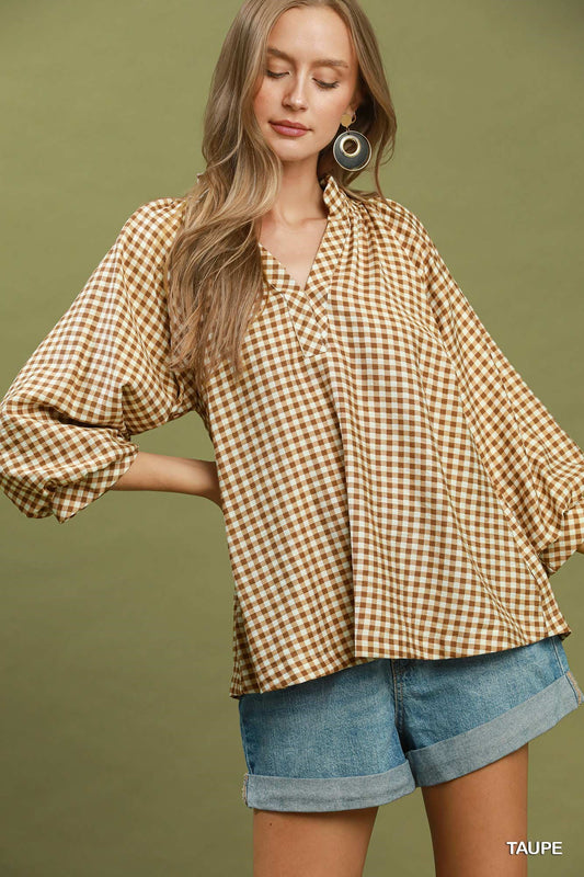 CLASS GINGHAM TAUPE TOP