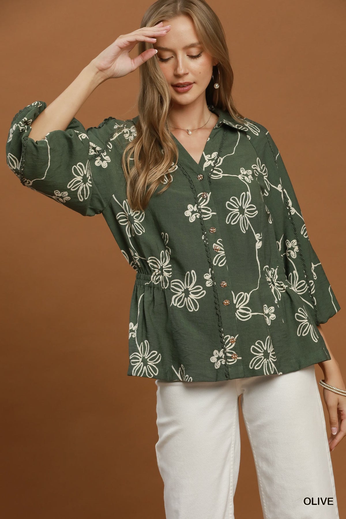 FLORAL LINE OLIVE TOP