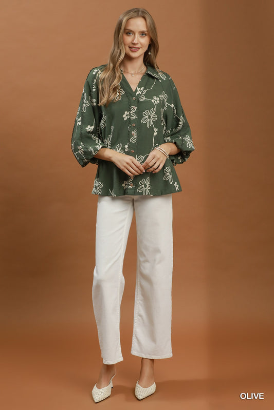 FLORAL LINE OLIVE TOP