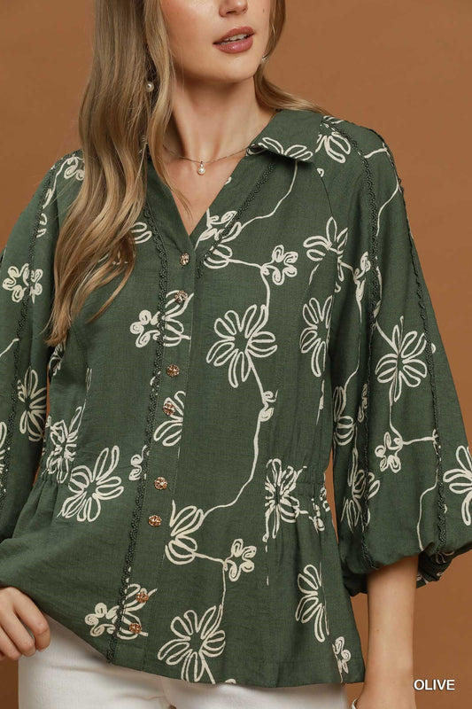 FLORAL LINE OLIVE TOP